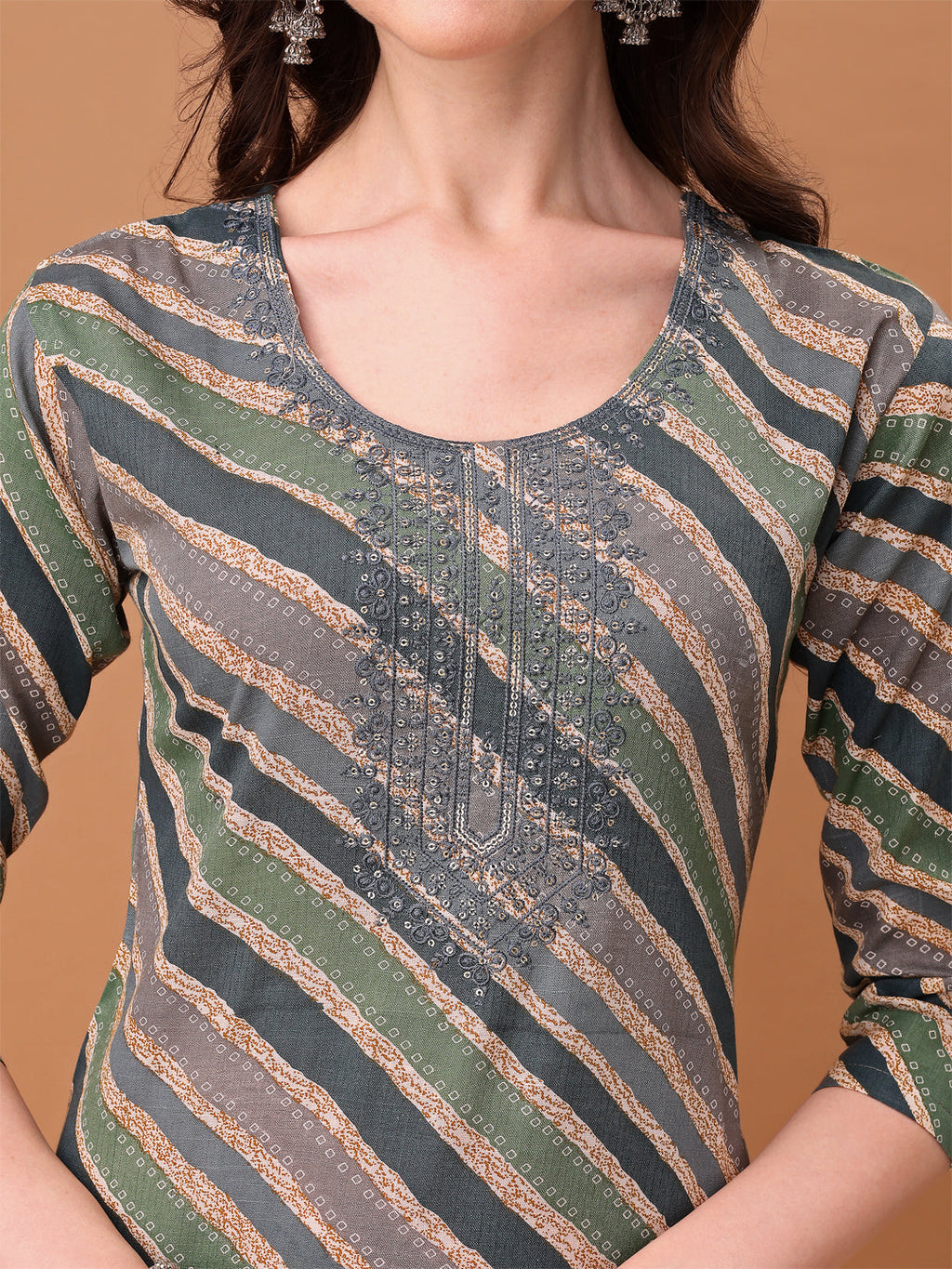 Embroidered & Leheriya Printed Kurta With Pant & Printed Dupatta, Grey - Hiral Fashion | Grocsy