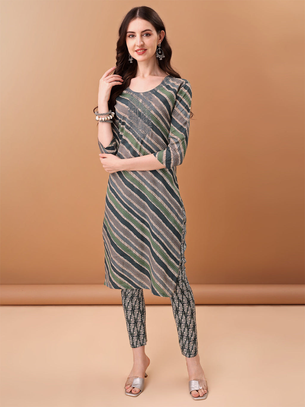 Embroidered & Leheriya Printed Kurta With Pant & Printed Dupatta, Grey - Hiral Fashion | Grocsy
