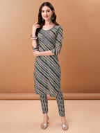Embroidered & Leheriya Printed Kurta With Pant & Printed Dupatta, Grey - Hiral Fashion | Grocsy