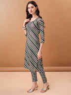 Embroidered & Leheriya Printed Kurta With Pant & Printed Dupatta, Grey - Hiral Fashion | Grocsy