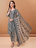 Embroidered & Leheriya Printed Kurta With Pant & Printed Dupatta, Grey - Hiral Fashion | Grocsy
