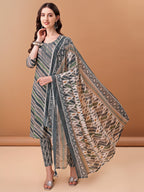 Embroidered & Leheriya Printed Kurta With Pant & Printed Dupatta, Grey - Hiral Fashion | Grocsy