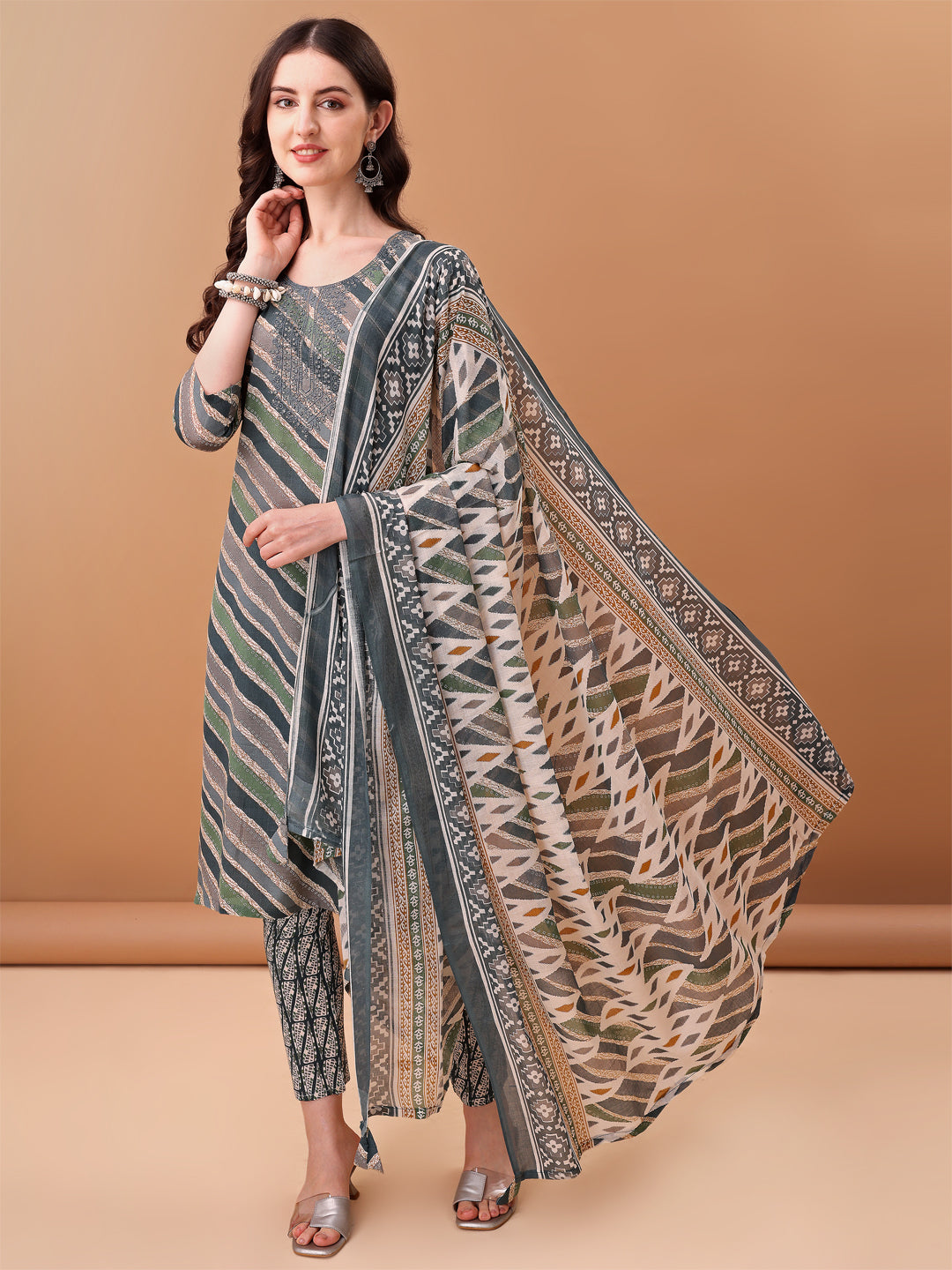 Embroidered & Leheriya Printed Kurta With Pant & Printed Dupatta, Grey - Hiral Fashion | Grocsy