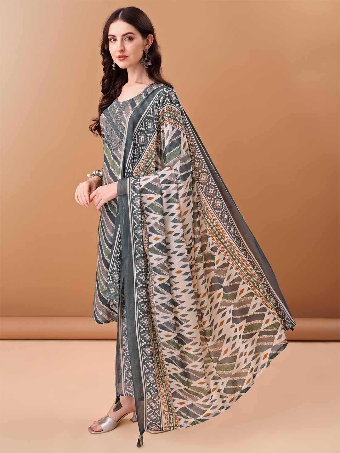 Embroidered & Leheriya Printed Kurta With Pant & Printed Dupatta, Grey - Hiral Fashion | Grocsy