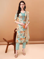 Embroidered & Botanical Printed Kurta With Pant & Printed Dupatta, Blue - Hiral Fashion | Grocsy