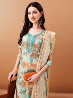 Embroidered & Botanical Printed Kurta With Pant & Printed Dupatta, Blue - Hiral Fashion | Grocsy