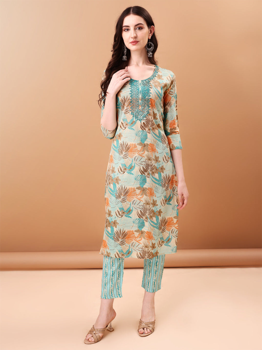 Embroidered & Botanical Printed Kurta With Pant & Printed Dupatta, Blue - Hiral Fashion | Grocsy