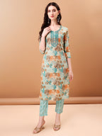 Embroidered & Botanical Printed Kurta With Pant & Printed Dupatta, Blue - Hiral Fashion | Grocsy