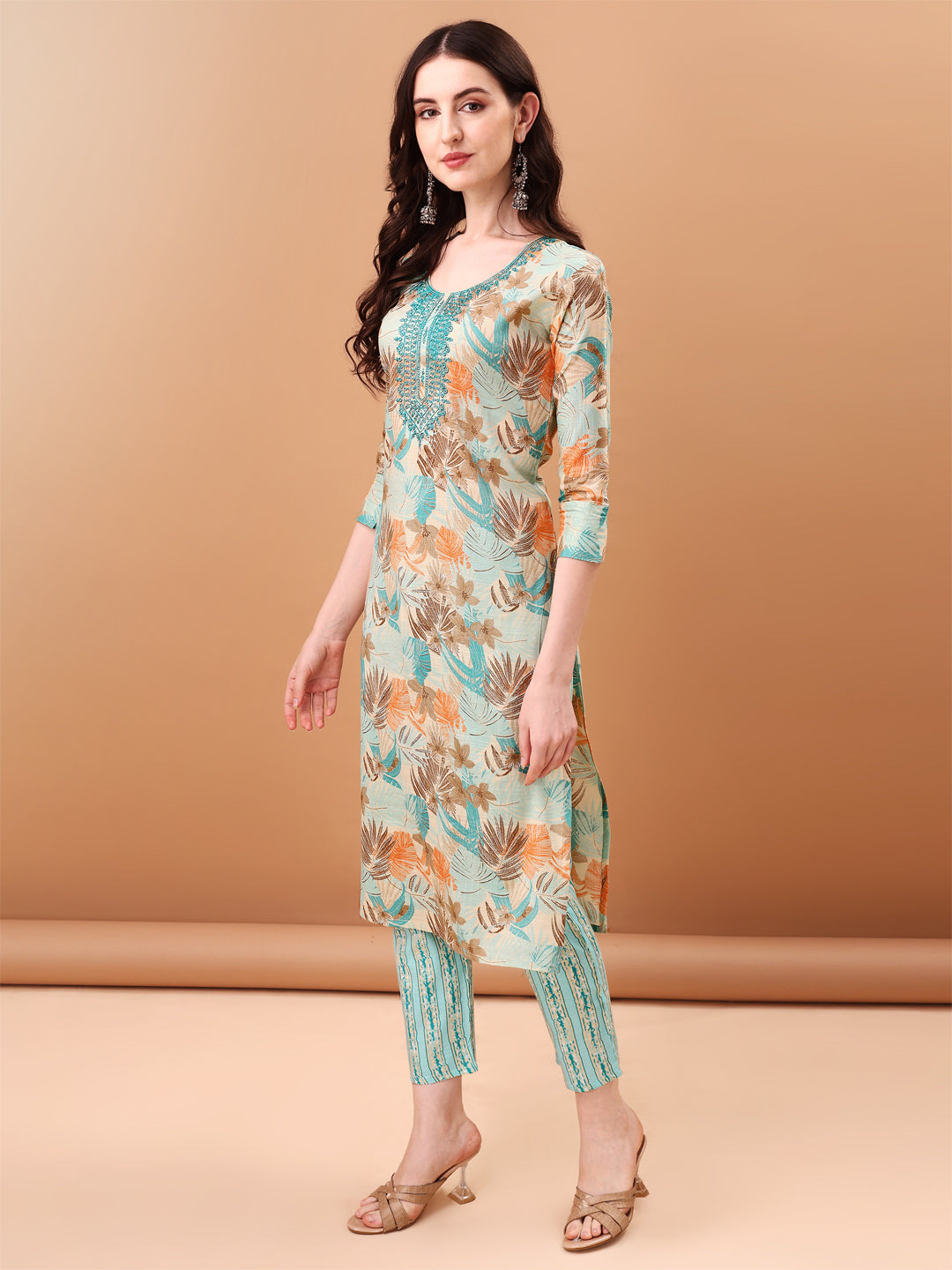 Embroidered & Botanical Printed Kurta With Pant & Printed Dupatta, Blue - Hiral Fashion | Grocsy