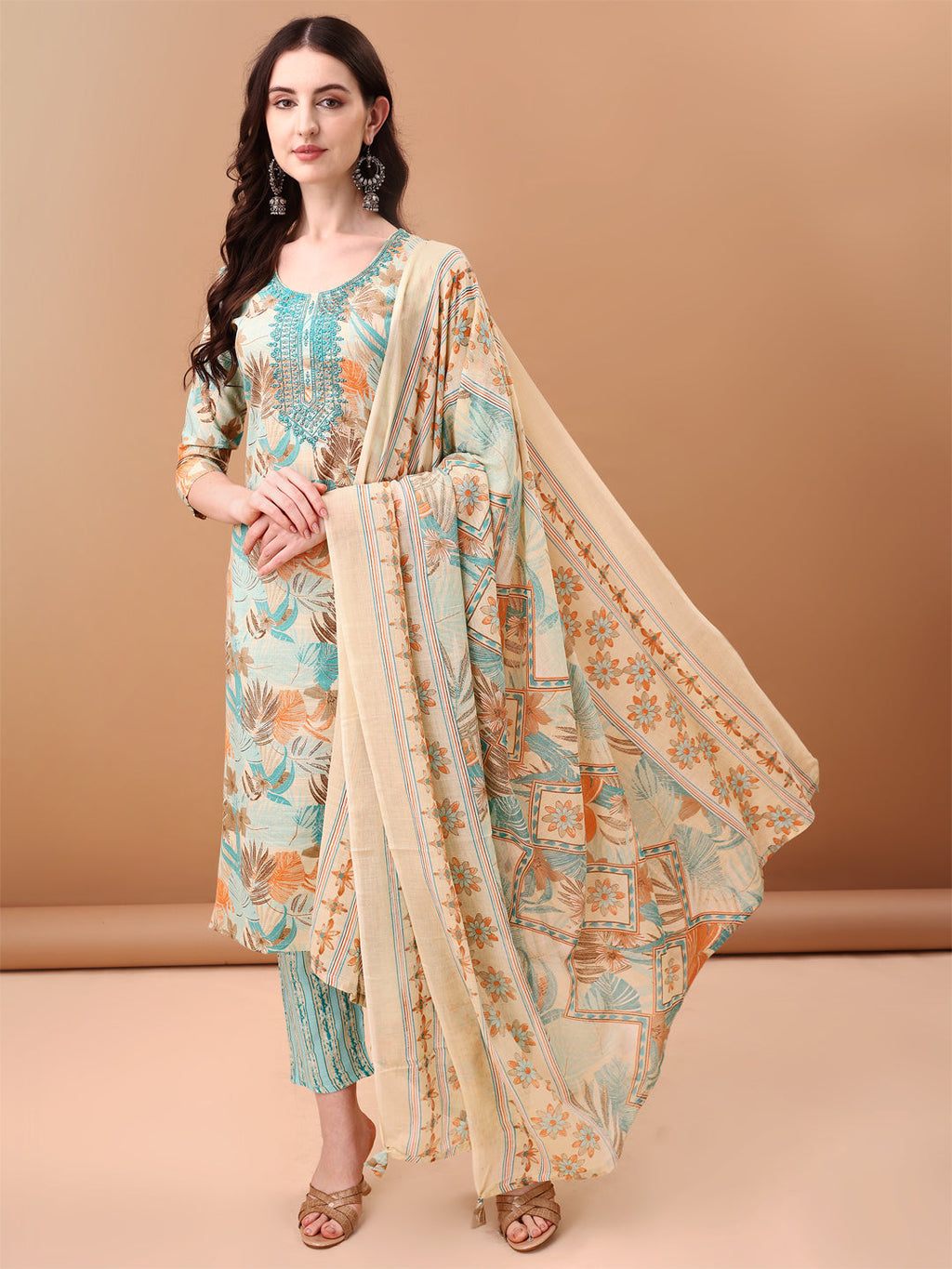 Embroidered & Botanical Printed Kurta With Pant & Printed Dupatta, Blue - Hiral Fashion | Grocsy