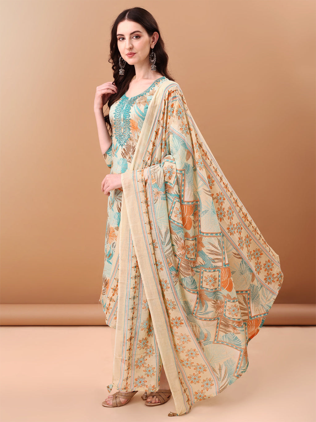 Embroidered & Botanical Printed Kurta With Pant & Printed Dupatta, Blue - Hiral Fashion | Grocsy