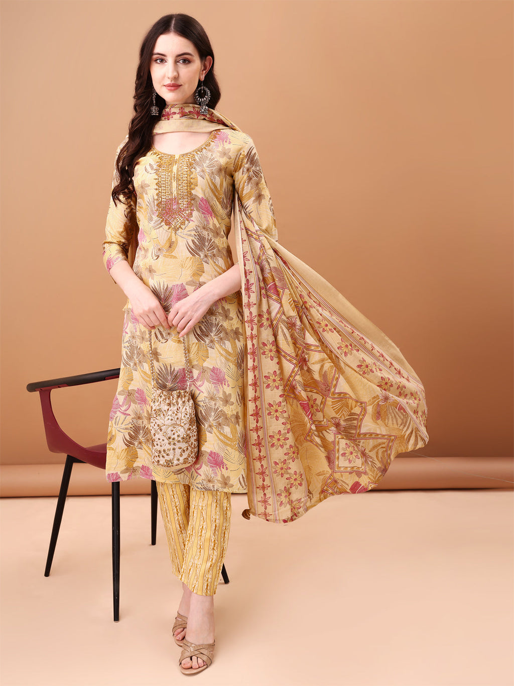Embroidered & Botanical Printed Kurta With Pant & Printed Dupatta, Yellow - Hiral Fashion | Grocsy