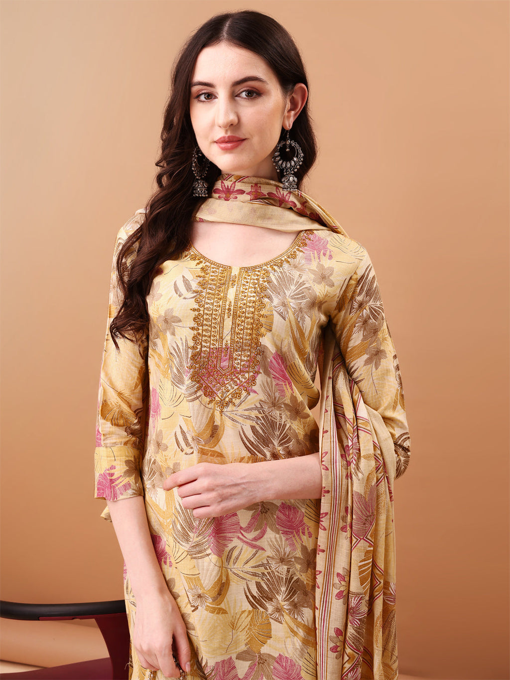 Embroidered & Botanical Printed Kurta With Pant & Printed Dupatta, Yellow - Hiral Fashion | Grocsy