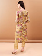 Embroidered & Botanical Printed Kurta With Pant & Printed Dupatta, Yellow - Hiral Fashion | Grocsy
