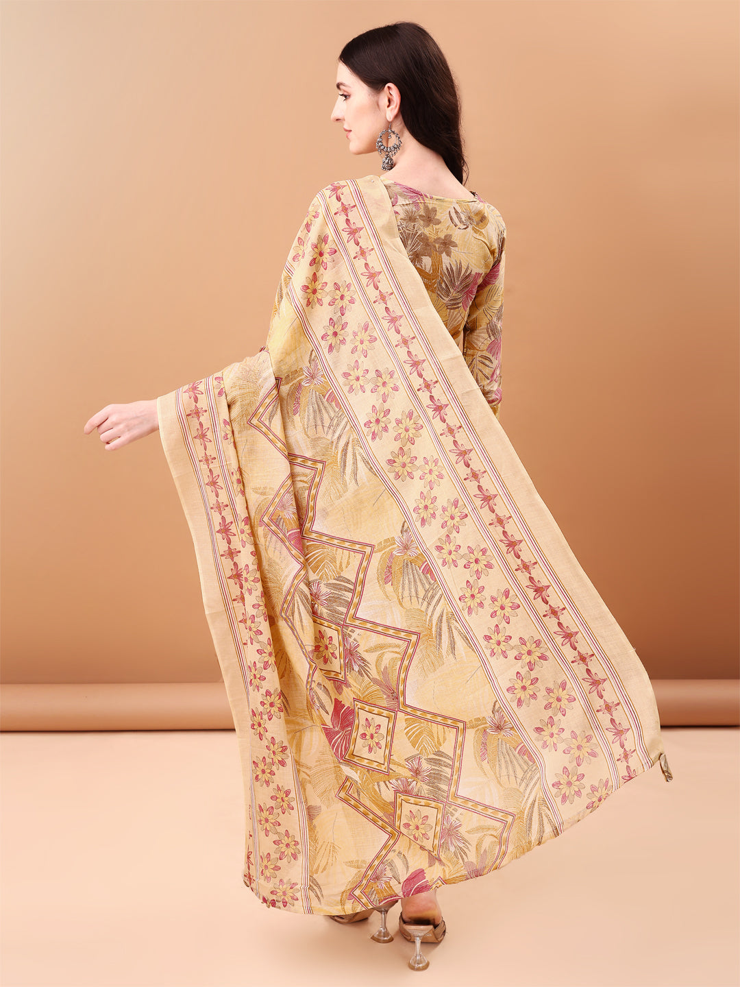 Embroidered & Botanical Printed Kurta With Pant & Printed Dupatta, Yellow - Hiral Fashion | Grocsy