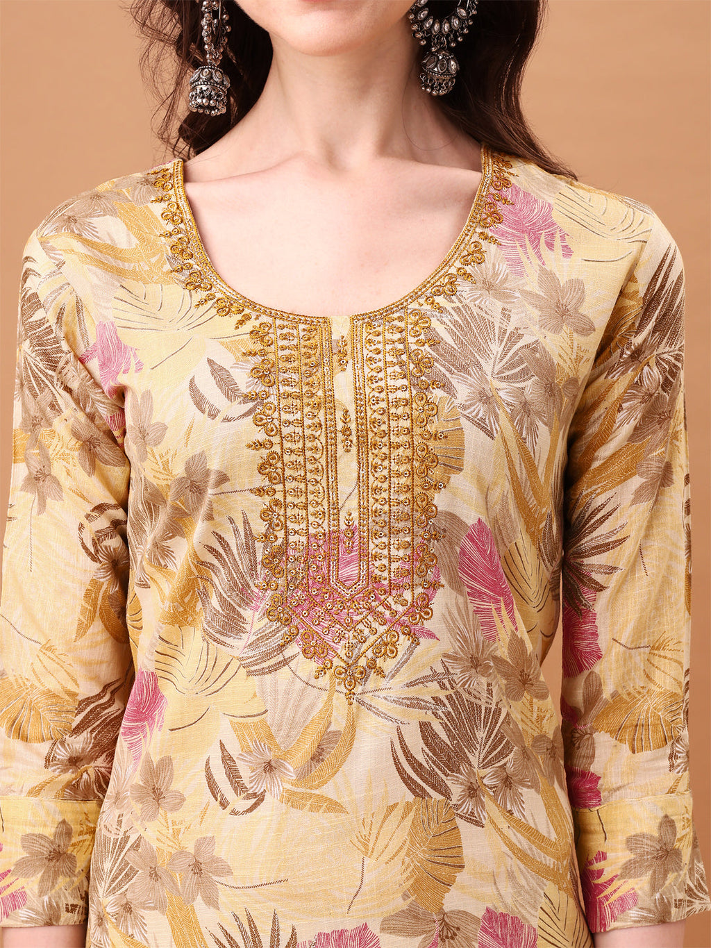 Embroidered & Botanical Printed Kurta With Pant & Printed Dupatta, Yellow - Hiral Fashion | Grocsy