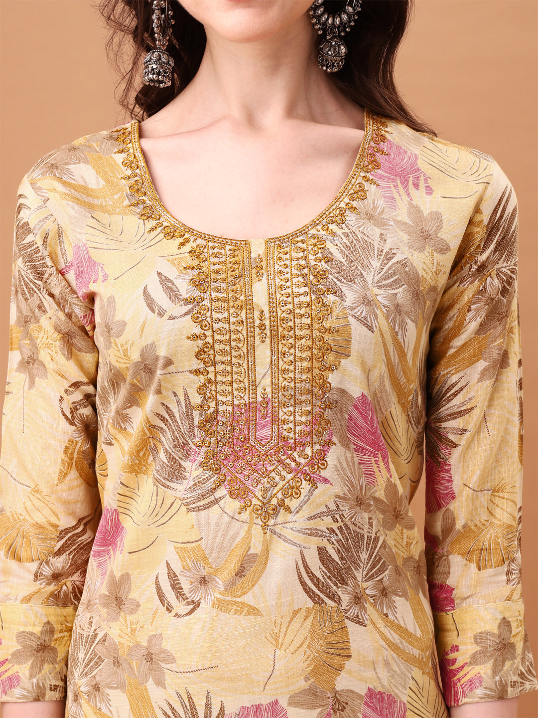Embroidered & Botanical Printed Kurta With Pant & Printed Dupatta, Yellow - Hiral Fashion | Grocsy