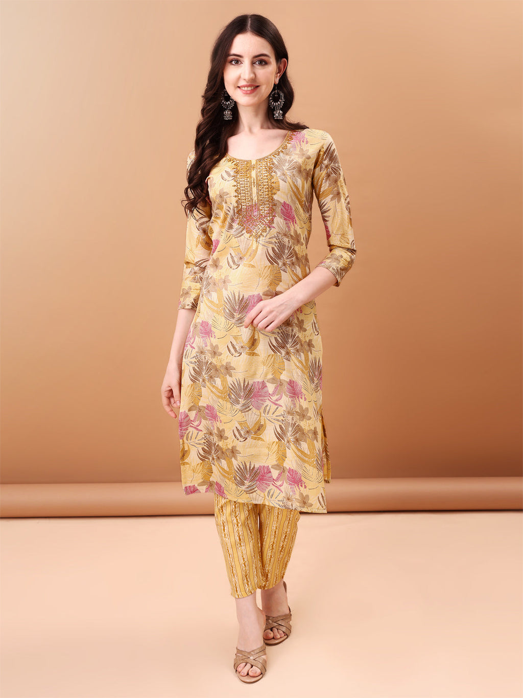 Embroidered & Botanical Printed Kurta With Pant & Printed Dupatta, Yellow - Hiral Fashion | Grocsy