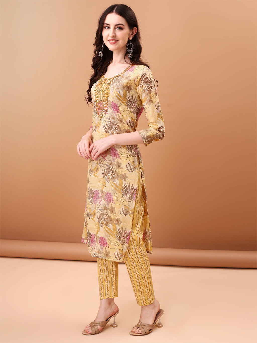 Embroidered & Botanical Printed Kurta With Pant & Printed Dupatta, Yellow - Hiral Fashion | Grocsy