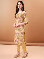 Embroidered & Botanical Printed Kurta With Pant & Printed Dupatta, Yellow - Hiral Fashion | Grocsy