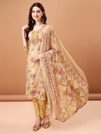 Embroidered & Botanical Printed Kurta With Pant & Printed Dupatta, Yellow - Hiral Fashion | Grocsy