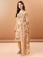 Embroidered & Botanical Printed Kurta With Pant & Printed Dupatta, Yellow - Hiral Fashion | Grocsy