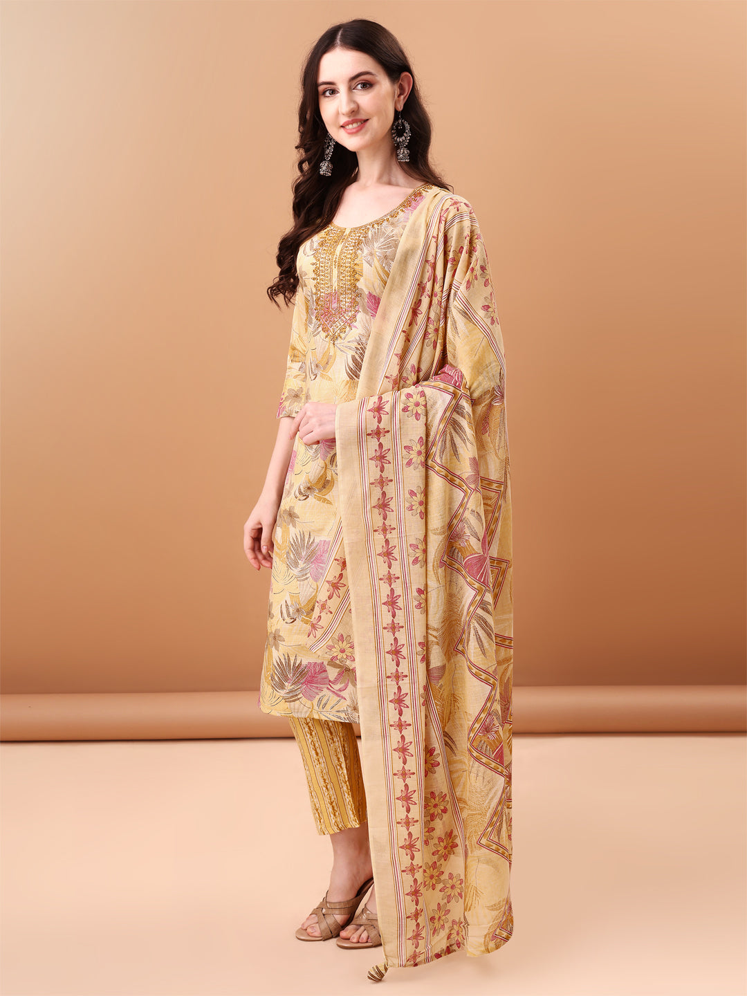Embroidered & Botanical Printed Kurta With Pant & Printed Dupatta, Yellow - Hiral Fashion | Grocsy