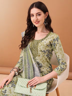 Embroidered & Floral Printed Kurta With Pant & Printed Dupatta, Green - Hiral Fashion | Grocsy