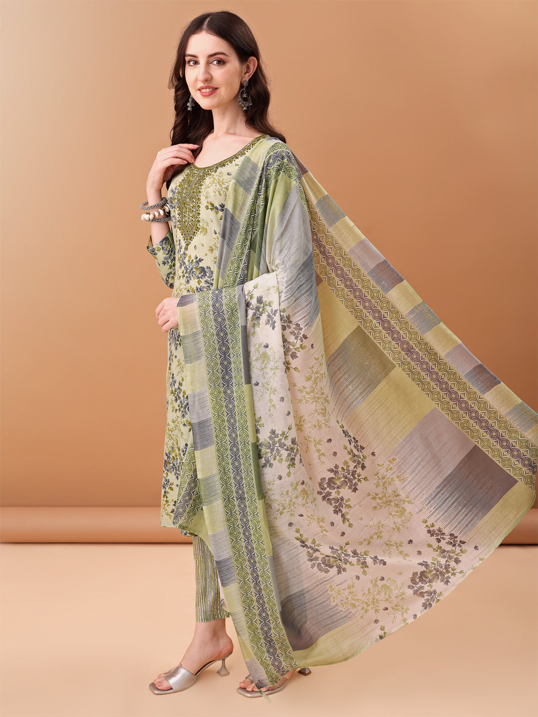 Embroidered & Floral Printed Kurta With Pant & Printed Dupatta, Green - Hiral Fashion | Grocsy