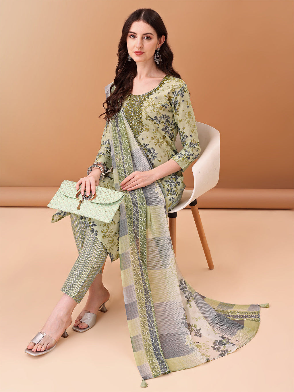 Embroidered & Floral Printed Kurta With Pant & Printed Dupatta, Green - Hiral Fashion | Grocsy