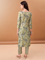Embroidered & Floral Printed Kurta With Pant & Printed Dupatta, Green - Hiral Fashion | Grocsy
