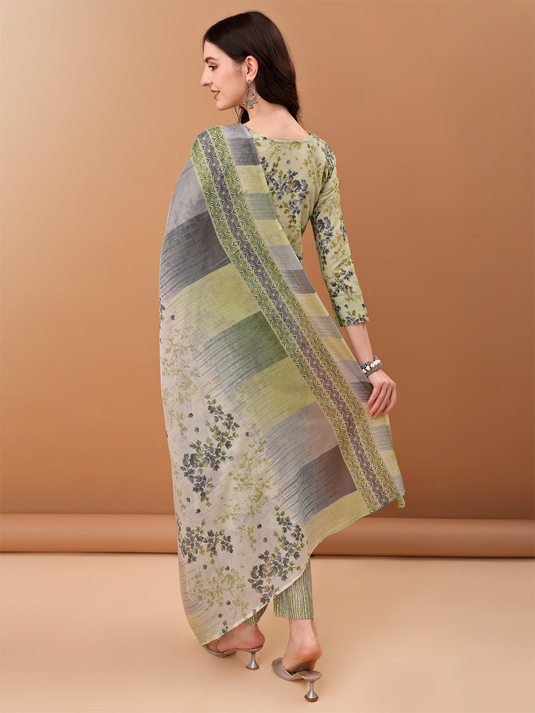 Embroidered & Floral Printed Kurta With Pant & Printed Dupatta, Green - Hiral Fashion | Grocsy