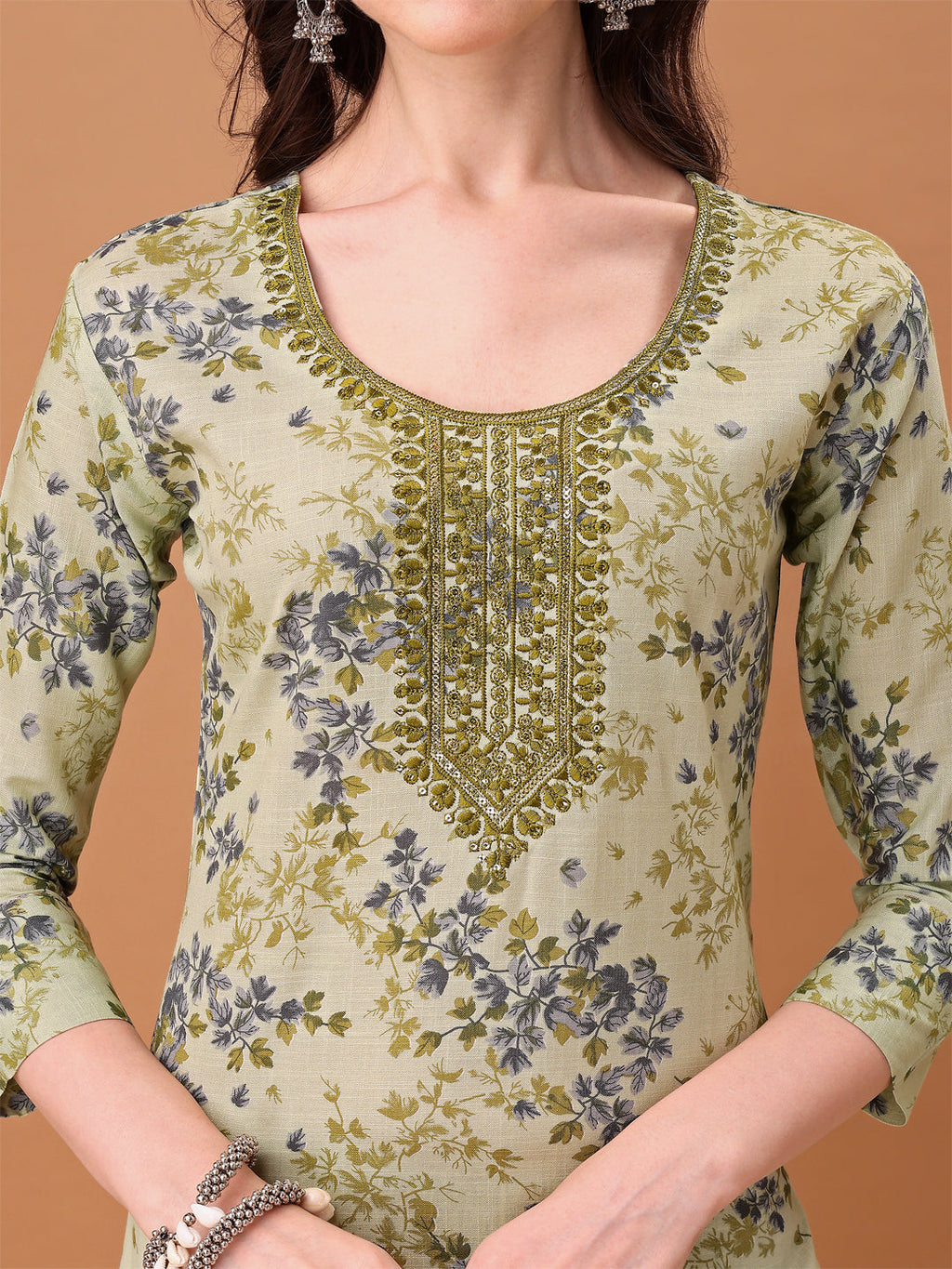 Embroidered & Floral Printed Kurta With Pant & Printed Dupatta, Green - Hiral Fashion | Grocsy