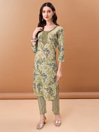 Embroidered & Floral Printed Kurta With Pant & Printed Dupatta, Green - Hiral Fashion | Grocsy
