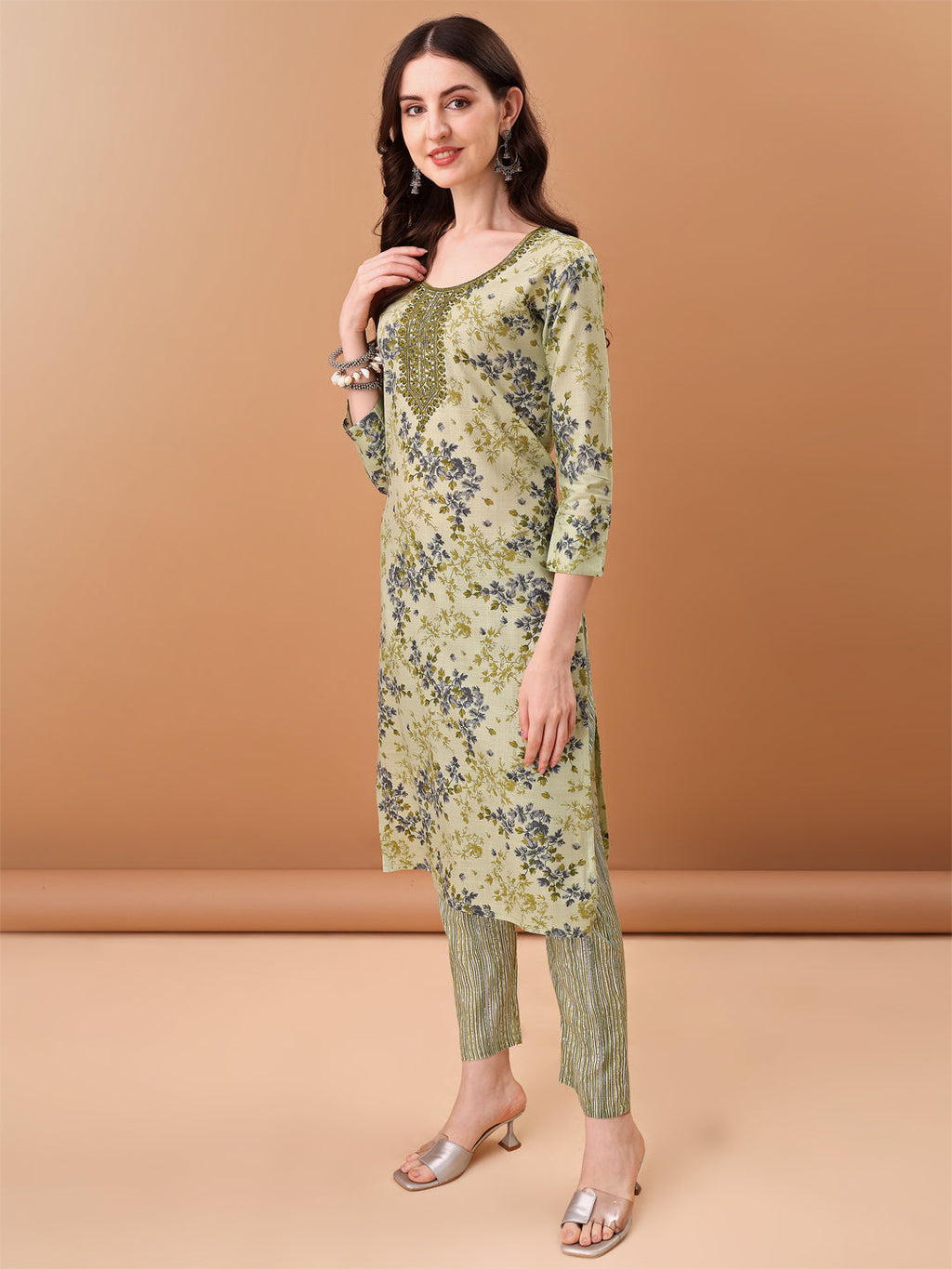 Embroidered & Floral Printed Kurta With Pant & Printed Dupatta, Green - Hiral Fashion | Grocsy