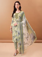 Embroidered & Floral Printed Kurta With Pant & Printed Dupatta, Green - Hiral Fashion | Grocsy