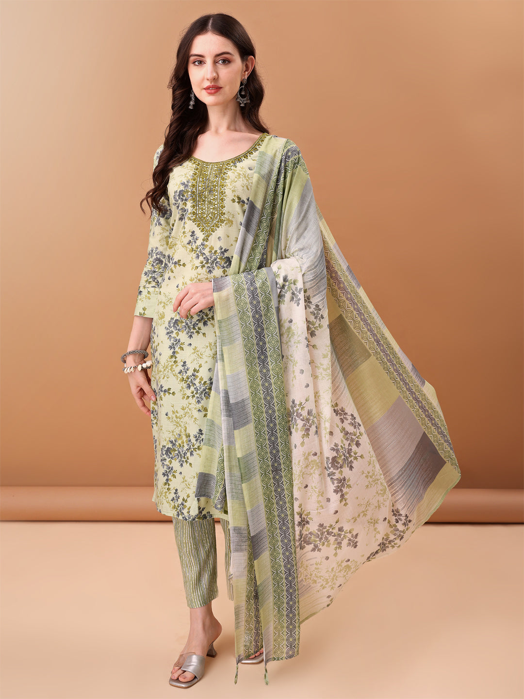 Embroidered & Floral Printed Kurta With Pant & Printed Dupatta, Green - Hiral Fashion | Grocsy