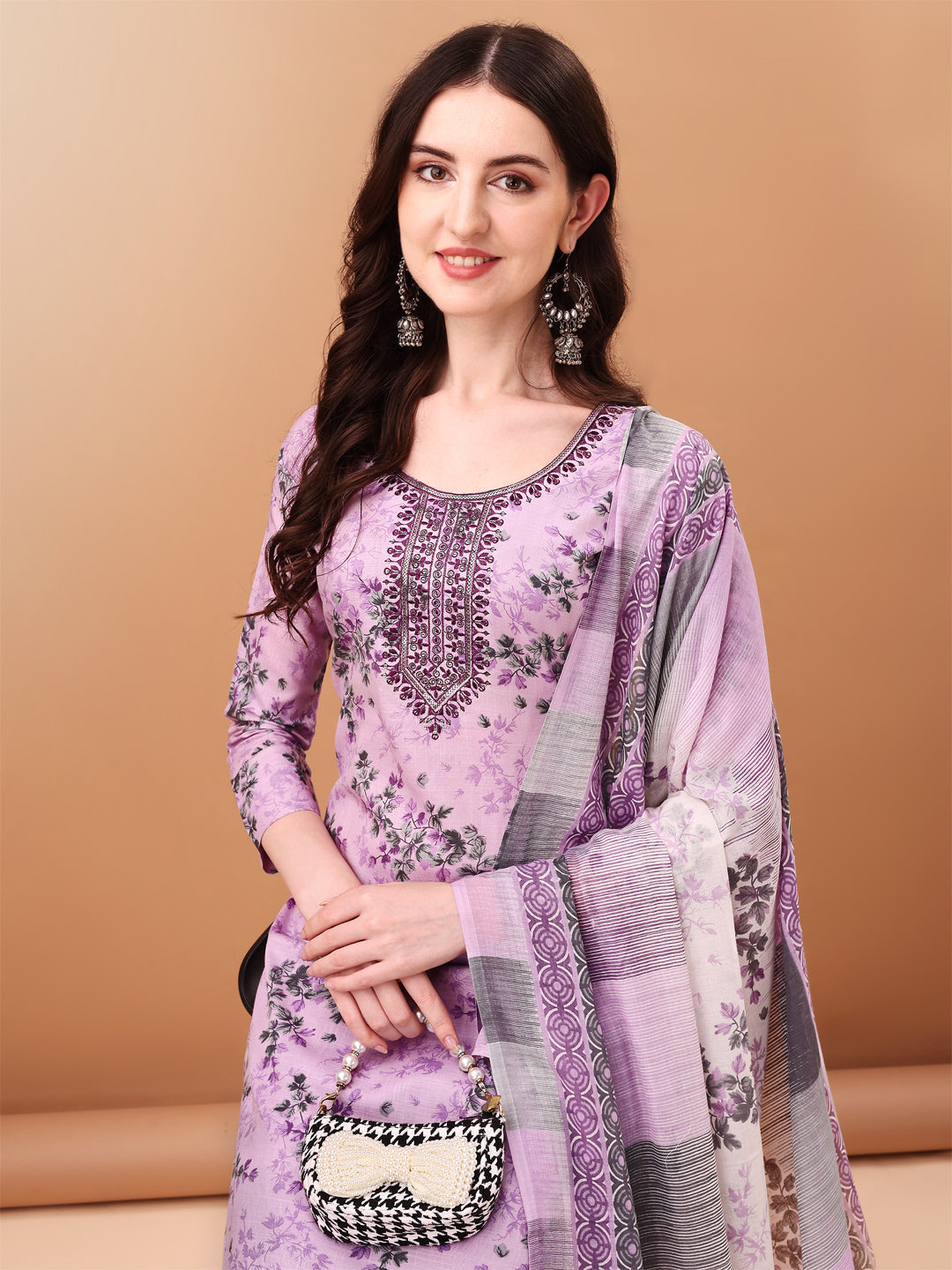 Embroidered & Floral Printed Kurta With Pant & Printed Dupatta, Lavender - Hiral Fashion | Grocsy