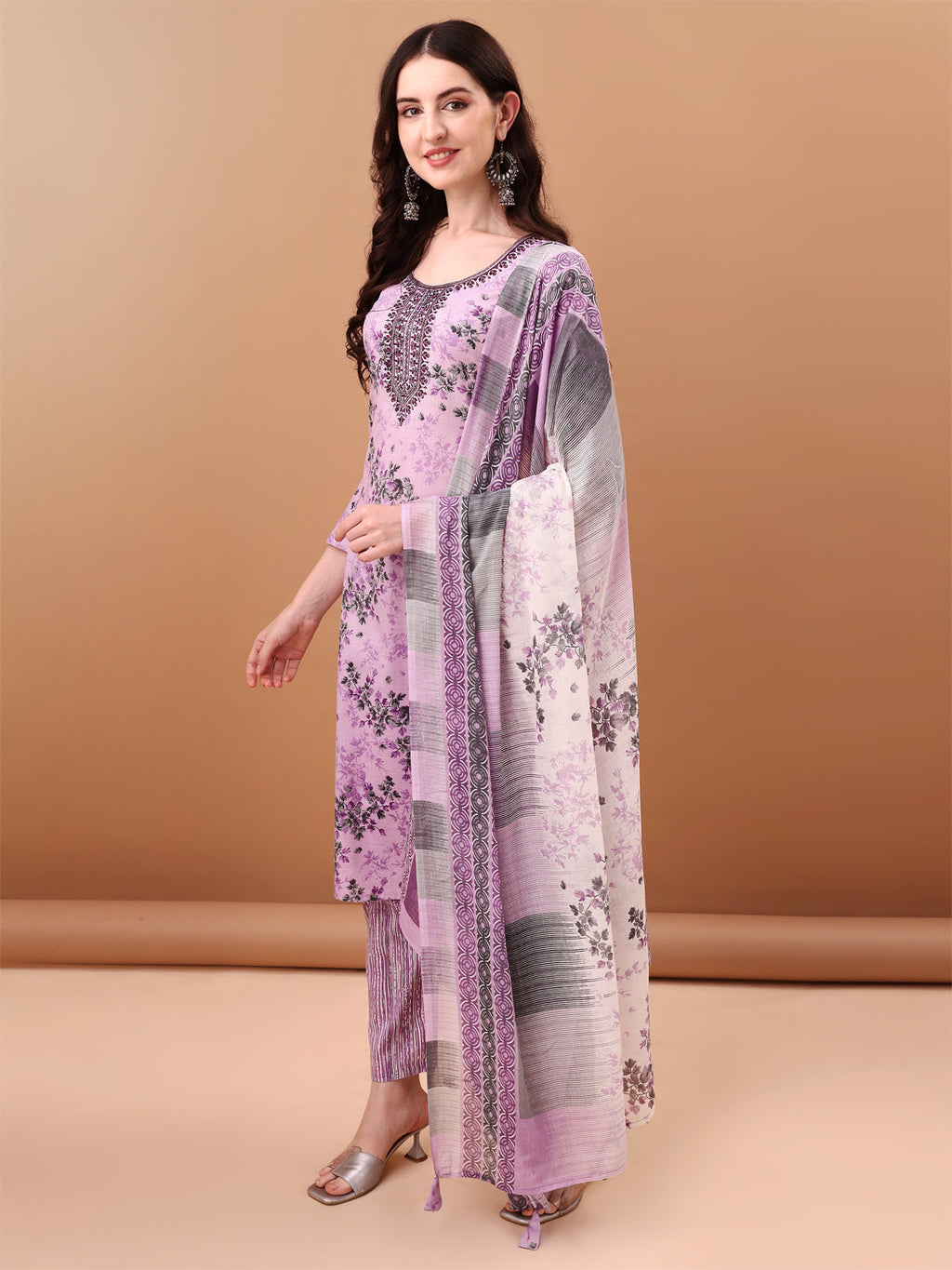 Embroidered & Floral Printed Kurta With Pant & Printed Dupatta, Lavender - Hiral Fashion | Grocsy