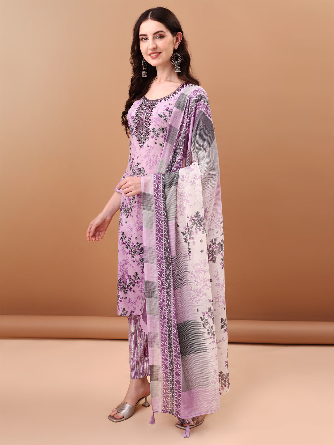 Embroidered & Floral Printed Kurta With Pant & Printed Dupatta, Lavender - Hiral Fashion | Grocsy