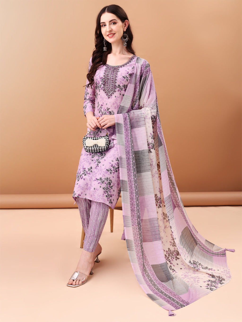 Embroidered & Floral Printed Kurta With Pant & Printed Dupatta, Lavender - Hiral Fashion | Grocsy