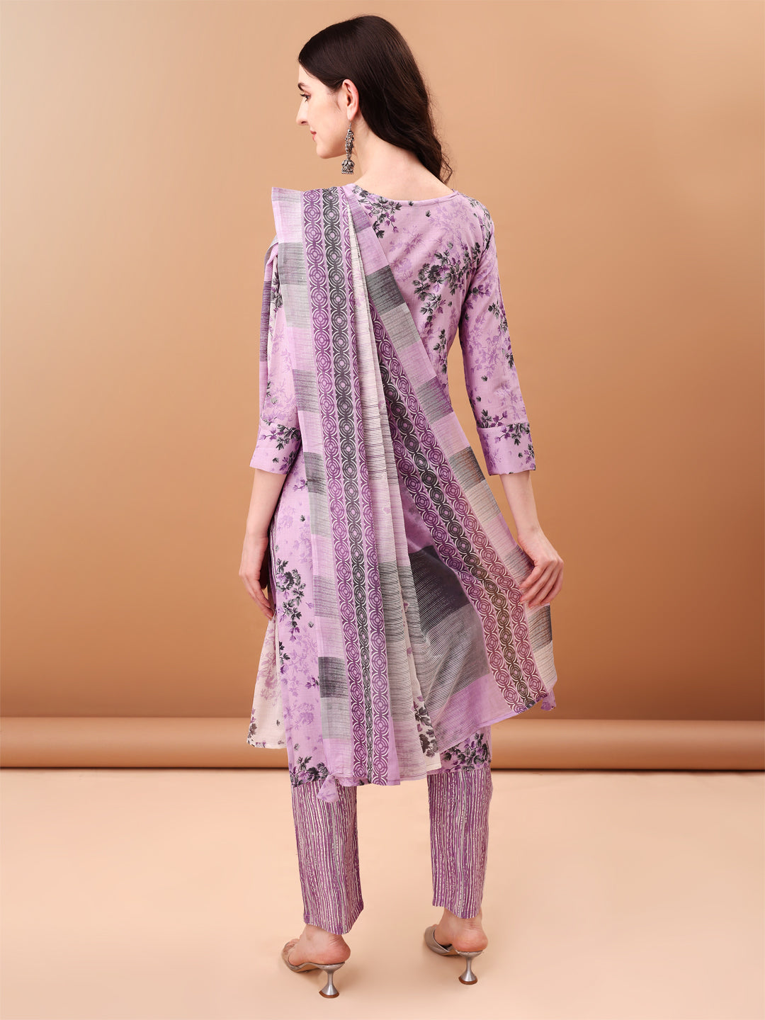 Embroidered & Floral Printed Kurta With Pant & Printed Dupatta, Lavender - Hiral Fashion | Grocsy