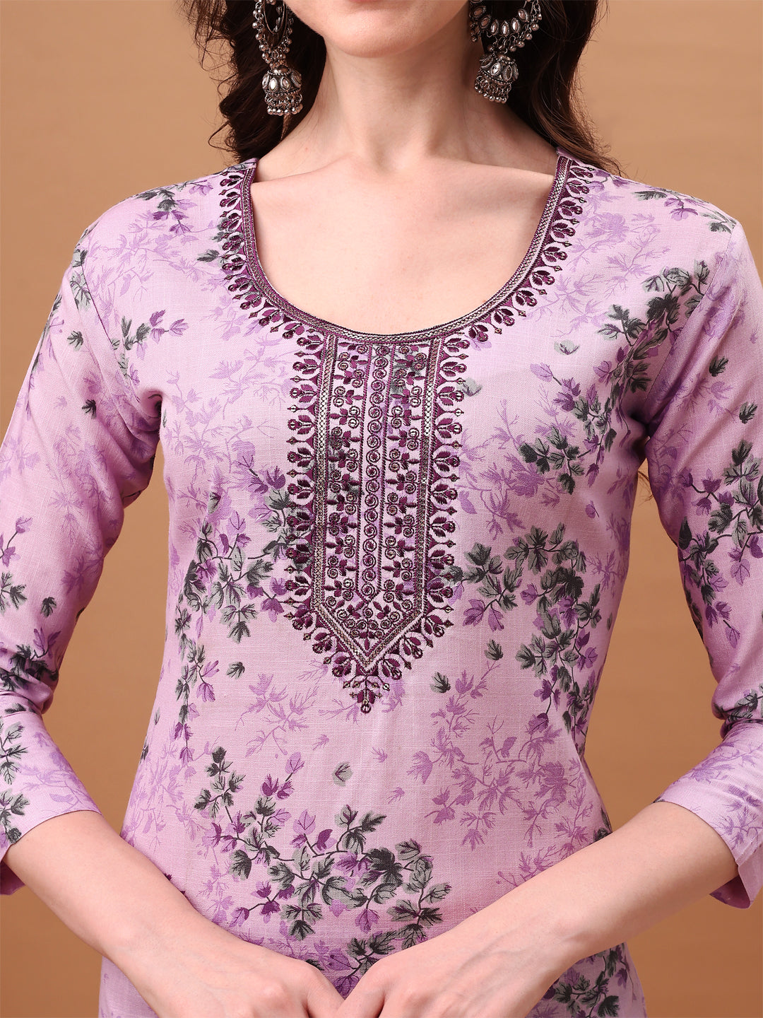 Embroidered & Floral Printed Kurta With Pant & Printed Dupatta, Lavender - Hiral Fashion | Grocsy