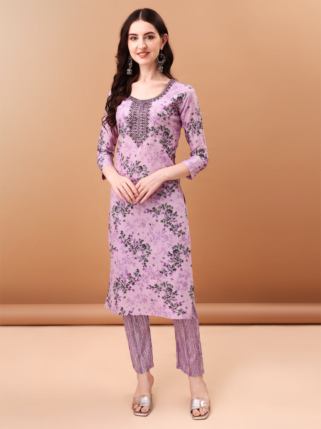 Embroidered & Floral Printed Kurta With Pant & Printed Dupatta, Lavender - Hiral Fashion | Grocsy