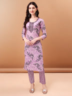 Embroidered & Floral Printed Kurta With Pant & Printed Dupatta, Lavender - Hiral Fashion | Grocsy
