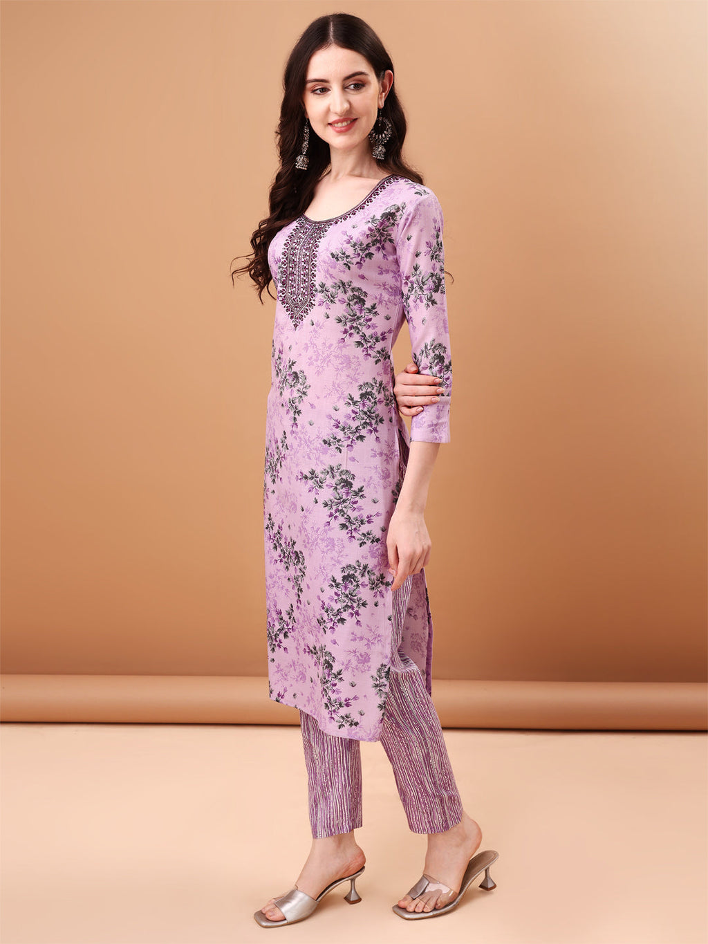 Embroidered & Floral Printed Kurta With Pant & Printed Dupatta, Lavender - Hiral Fashion | Grocsy