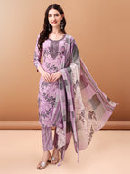 Embroidered & Floral Printed Kurta With Pant & Printed Dupatta, Lavender - Hiral Fashion | Grocsy