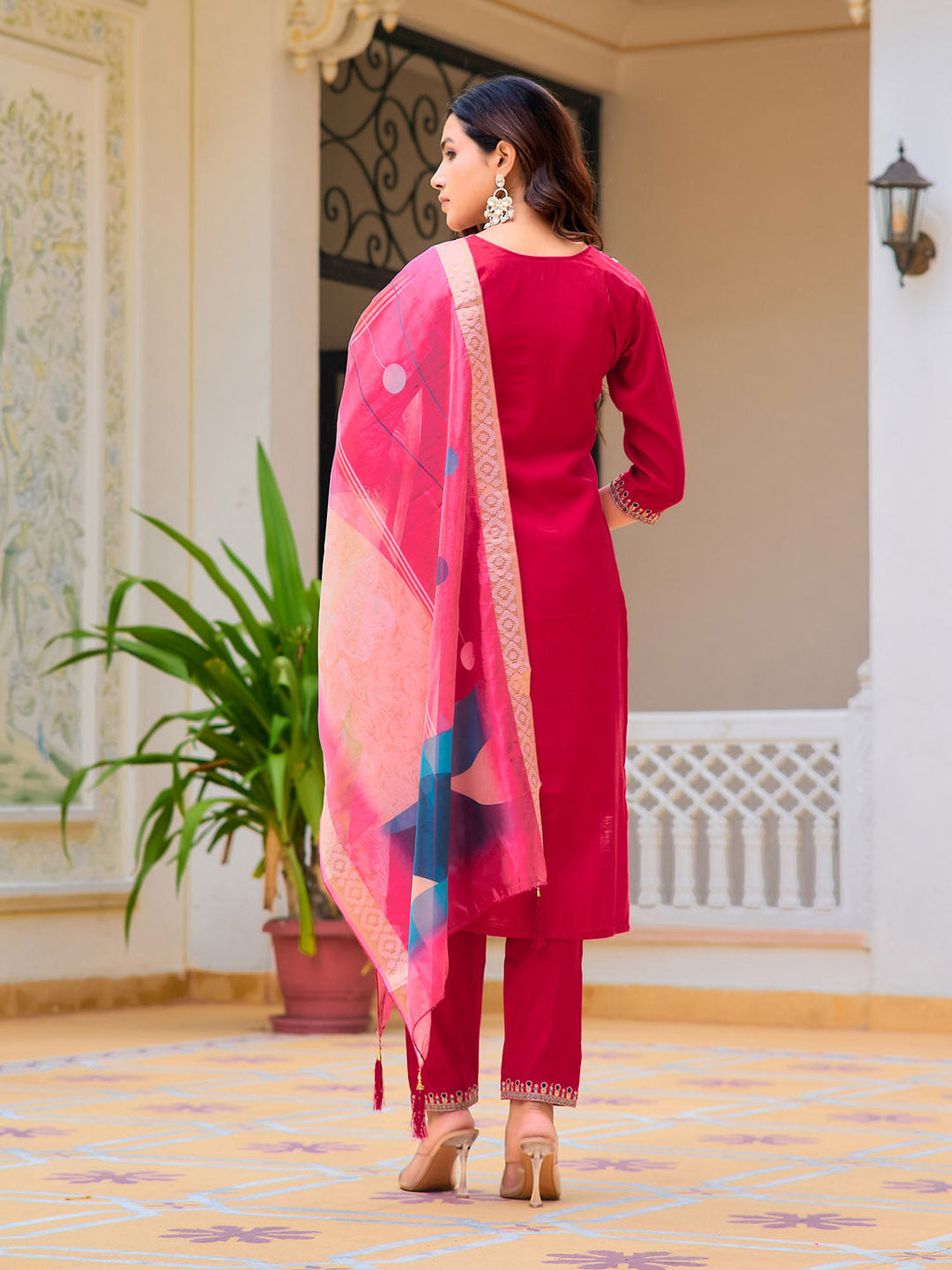 Hand Embroidered Kurta With Pant & Printed Organza Dupatta, Pink - Hiral Fashion | Grocsy