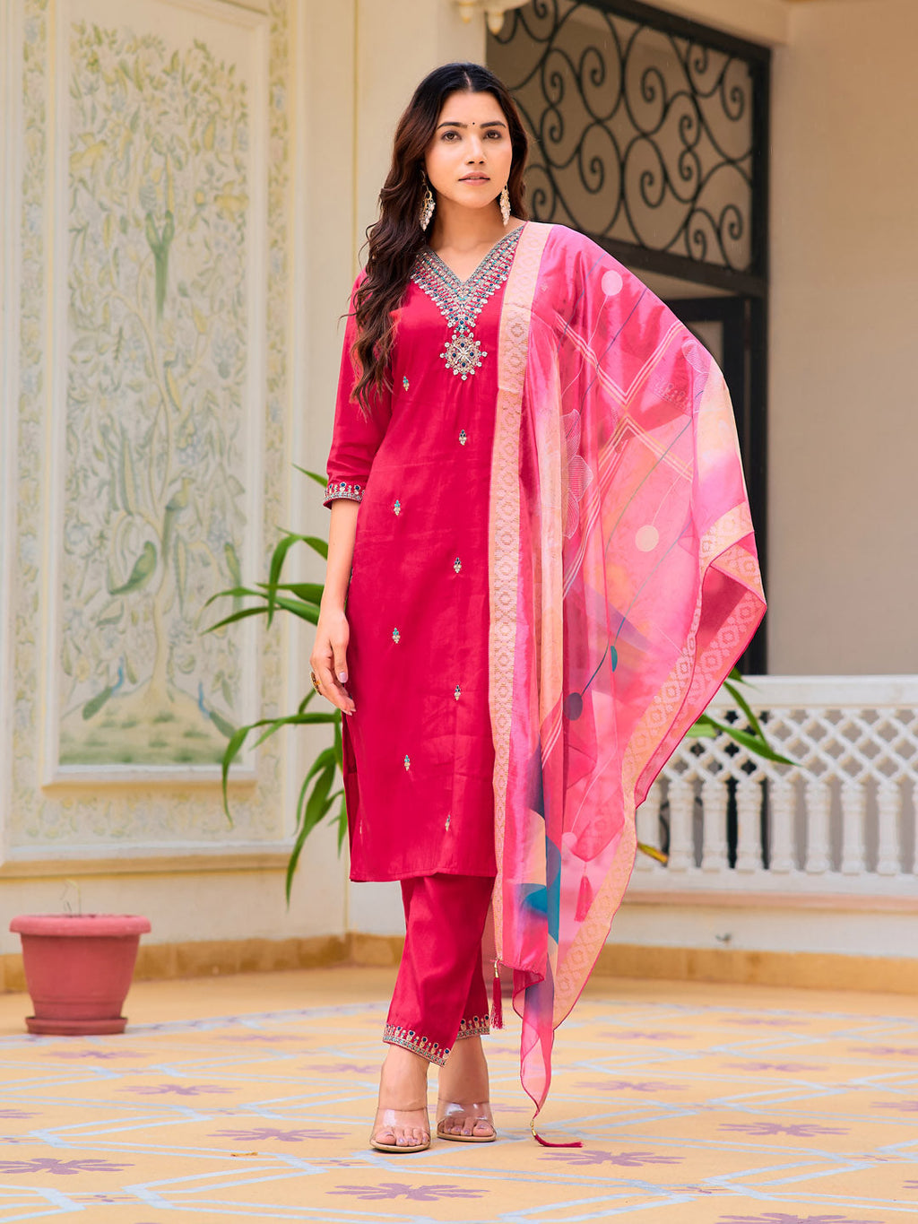 Hand Embroidered Kurta With Pant & Printed Organza Dupatta, Pink - Hiral Fashion | Grocsy