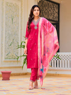 Hand Embroidered Kurta With Pant & Printed Organza Dupatta, Pink - Hiral Fashion | Grocsy